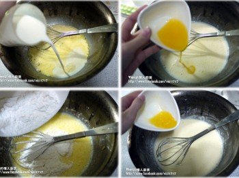 1) 1.首先把蛋和細砂糖拌勻。2.接著加入鮮奶拌勻。3.再加入過篩低筋麵粉拌勻。4.加入奶油再拌勻。5.靜置五分鐘它醒一下