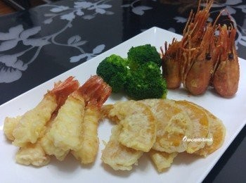 牡丹蝦二食 - 酥炸蝦頭 +天婦羅蝦肉 +  南瓜