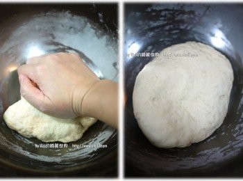 step2: 3 再把高粉倒入2中，接著揉搓成團4 接著用手掌力道搓揉至不結塊、無濕度狀即可