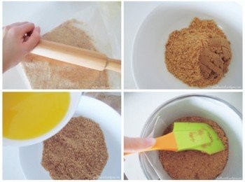 step1: [制作饼干底] 将压粹的消化饼及黑糖一起混合在碗中。加入溶化奶油，拌匀再按压在蛋糕模里。之后，放入冰箱。