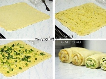 step4: 第二個麵糰也一樣先擀成方形
抹上一層香蒜醬、再均勻地鋪上些許新鮮青蔥
捲成蛋捲狀，尾部與側邊施壓將麵皮捏合
然後也是對等切成兩份備用