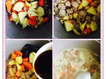 step4: 加入紅蘿蔔塊和薯仔塊略炒一下，再加牛肋條，然後下調味醬汁兜勻至所有材料也沾上醬汁，加入熟水至剛好蓋過所有<span class="group_1">食材</span>，細火煮30分鐘。