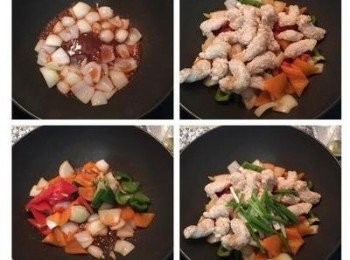 step4: 放入<span class="group_3">糖醋醬</span>炒滾，下青椒、甜椒丁加1/3茶匙鹽拌炒，放入炸好的魚柳拌到醬汁都裹在魚柳上，放入蔥段略拌即可。整個過程約不到2分鐘。