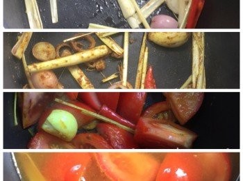 step6: <span class="group_3">凍湯</span> 用中火燒熱湯煲, 落少許油將南薑片,香茅,乾葱和蒜頭炒香. 落咖喱粉及糖炒1-2分鐘. 然後落蕃茄塊再炒至開始軟身. 落入清湯或水, 滾起後撳蓋, 轉至低火慢滾15分鐘.