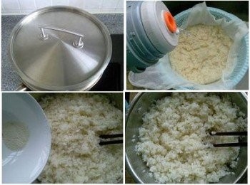 step4: 用事先準備好的涼開水沖洗降溫，降至約30度，邊衝邊將米飯充分抓散，感覺米飯的溫度比手溫略涼就行了。
取約1.5克酒麯，拌入沖散後的糯米飯中，徹底攪拌均勻。