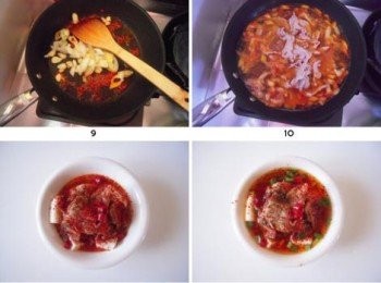 step7: 在肉片表面撒上花椒粉和辣椒粉。另起鍋倒入15克食用油，油燒至8-9成熱時關火，澆在肉片上，最後撒蔥花即可。