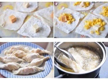 step2: 先將餛飩皮鋪平，放入乳酪球(餛飩皮有大小張，可以視情況將乳酪球切大小)，接著放入少許的玉米粒，再用包糖果方式輕輕的捲起成糖果般的形狀，放入熱油中炸至金黃