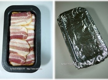 step3: 4 再將培根覆蓋上去後，壓到緊實 5 用錫箔紙完整的包覆住