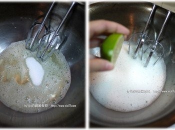 step4: 把A的細砂糖、檸檬汁放入蛋白中，打到硬性發泡