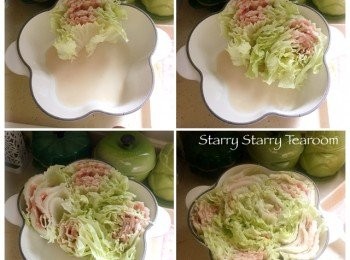 step4: 切好之後，按照圖中的方法，將大白菜排進鍋子。先砌好五個花瓣位，再不停將菜葉卷入中心。