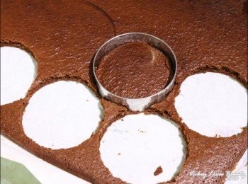 step7: 6.取直徑5.5cm的圓形框，將烤好的蛋糕壓成圓形的蛋糕片備用
而取好圓片蛋糕之後的蛋糕碎，可以先拿來墊胃之外，也可以填充在稍後的慕斯糊中