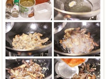 step3: 中火炸製，當變色出香味後，分別加入芝麻、孜然和辣椒粉、鹽攪拌均勻，涼吃熱吃都美味的牛肉乾就做好了~~