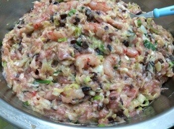step3: 加調味料、雞蛋、白菜、蝦仁、木耳、蔥花拌肉攪勻，即為鮮美水餃餡料。