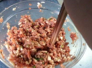 step4: 先將豬肉拌勻所有調味料,再加入其他配料用筷子順時針方向轉圈,再摔打至起膠使有黏性