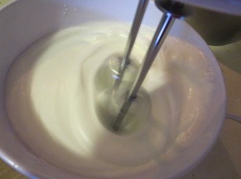 step4: 蛋白加醋后，將蛋白用電動打蛋器打到呈魚眼泡形狀時，加入所有的白糖漸漸加速至高速攪打.