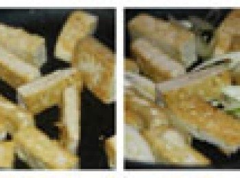 step1: 金針菇洗淨焯水備用；豆腐切厚片，鍋內入油，將豆腐的四面都煎黃，入切好的蔥花兒，煎出香味，放入金針菇，略煸炒，加水，滴入有機醬油數滴，少量鹽、糖調味，倒入煲中，不要心急，小火慢煲20分鐘左右，至香濃味美。