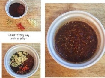 step1: 蒜、薑、辣椒用飲用水洗後瀝乾，蒜切細末，薑去皮磨泥，辣椒切細末（不喜辣者請去籽，接著與醬油膏和蕃茄醬混勻後再逐次加入水，邊加邊試，調到自己喜歡的味道。