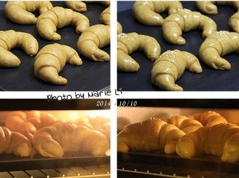 step6: 將醒好的麵糰擀開來等分成八份
整型成《牛角麵包》的造型置於考盤上做最後發酵
約一個小時之後將麵包表面抹上一層蛋液
中間擺上少許的白芝麻
送進預熱好的烤箱中烘烤‧‧‧
(不好意思，這次整型的過程忘了拍照)

烤箱設定：

上火：         170度
下火：         170度
烤盤放置：      上層
烘焙時間：    20分鐘


※ 每台烤箱的狀況皆不相同，請依自家烤箱的狀況做調整設定。 


※牛角麵包的整型法請見：健康堅果小牛角(鹹)