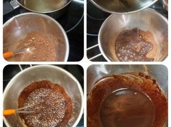 step2: 煮熱20g油，有少許煙，提起倒入可可粉拌滑