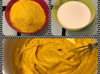 step1: 南瓜泥：南瓜粉加入牛奶慢慢攪拌均勻，沒有粒粒出現。