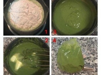 step3: 倒回原可加熱的鍋中並篩入高粉拌勻，回爐上小火加熱，邊煮邊攪，煮到成略稠的麵糊狀（約1分鐘），加入奶油離火拌勻放涼備用。此配方屬微甜...嗜甜者可自行調整糖量。放涼後,先取約3-4湯匙的<span class="group_2">抹茶卡士達醬</span>放在小的夾鍊袋中備用,等一下用來裝飾蛋糕表面.