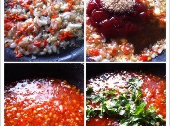step2: 起新鍋加入2大匙食油爆香蒜蓉，蔥碎和紅辣椒。
然後倒入醬汁材料，以中火煮滾，最後加入切好的香菜熄火