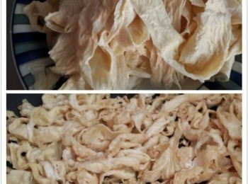 step1: 豆包先用手撕成一絲絲~放入鍋中煎至乾熟此時到入蠔油拌炒一下起鍋備用