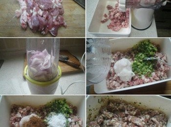step1: 羊肉切成大塊肉片。放入絞肉機中絞成肉泥。洋蔥切成條加少許水，上攪拌機攪拌成泥。肉餡中放入事先剁好的蔥薑末，洋蔥泥。加五香粉，鹽，少許老抽調味。視情況再加些洋蔥泥攪拌上勁，備用。