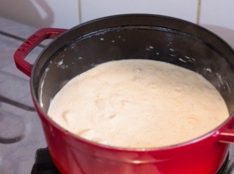 step10: 加入步驟 3 做的腰果乳酪醬﹑椰漿﹑水及糖攪勻，煮至滾起後蓋住，轉小火多煮 6 分鐘。