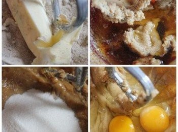 step2: 攪拌缸中, 將黑糖與另110g的室溫奶油打勻, 約3分鐘. 陸續加入焦化奶油/ 黑糖蜜打勻, 加砂糖打勻, 再加雞蛋打勻