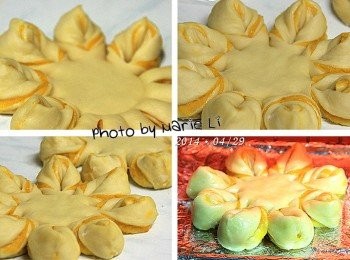 step8: 做好的花朵麵包
再靜置約 30~50 分鐘做最後發酵
然後為麵包刷上蛋液
送進預熱好的小小烤箱中烘烤

為了防止一下子就烤焦了
可以為麵包灑點水
或用一層錫箔紙覆蓋在麵包上
阻隔過高的烤溫
慢慢烘烤至表皮上色即可~

※ 因為這次做的是比較正常尺寸的麵包
    所以小小烤箱一次只能烘烤一個麵包
    四個花朵麵包得要分成四次烘烤