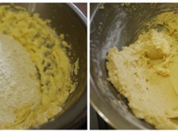 step7: 過篩後的低筋麵粉和鹽一併加入,用刮刀棒用翻拌按壓的方式混合均勻.