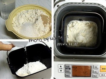 step1: 製作《披薩麵糰》：

將所有<span class="group_1">食材</span>需要的份量先量秤好
酵母粉和鹽請分開來放置
避免兩者直接接觸而影響麵糰發酵。

(Panasonic SD-BMS105T Mode15 披薩麵糰模式)

將所有<span class="group_1">食材</span>全都放進麵包機容器中
設定麵包機為 Mode15 《披薩麵糰模式》
讓它跑一次 45分鐘 的行程

打好的麵糰取出來揉圓靜置20分鐘醒麵。

※ 攪拌中會有噴溢情況，請記得加蓋預防。