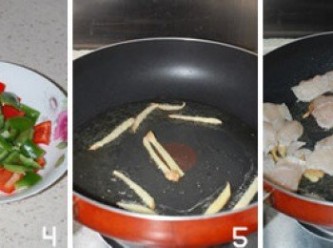 step3: 不粘鍋入油燒熱後，下薑絲煸香，下入魚塊小火煎。（魚塊不要疊在一起，以免煎不透，一面煎至定型後再翻面）