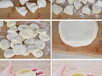 step3: 分割成一個，一個小劑子來。撒上少許的麵粉防粘。再依次一個一個的恩扁。依次擀成小圓片。取出一個圓片來。放入適量的餡料。