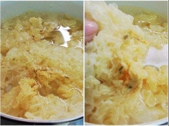 step2: 白木耳用適量的水泡軟(約20~30分鐘)然後再多沖洗幾次ˊ
並將蒂頭處去除ˊ撕成適當大小備用