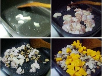 step2: 2.準備一鍋子ˊ加入油1大匙ˊ中小火炒香蒜片 再依序炒香雞腿丁ˊ香菇ˊ南瓜丁