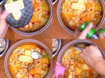 step9: 之後下牛油、黑胡椒粉、鹽拌至牛油完全溶化
之後可先把花甲的肉挑出來，再拌回飯中即可
（可留幾隻花甲不挑肉，之後放在飯上面，這會比較好看！）