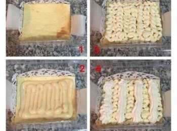 step7: 接著進行組裝，容器中先放入一條用烘焙紙摺出的長條，兩邊可用膠帶固定在盒子邊。放入一片裁好的蛋糕片，擠上一層<span class="group_3">卡士達醬</span>，喜歡草莓者可在<span class="group_3">卡士達醬</span>上，排上草莓再接著擠上<span class="group_4">馬斯卡澎醬</span>，再擠上少許<span class="group_6">香草鮮奶油</span>。