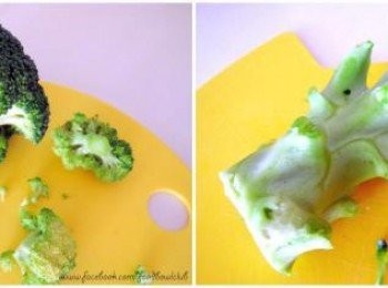 step1: 用清水冲洗干净，去掉菜花梗的外皮，再切成小块状。