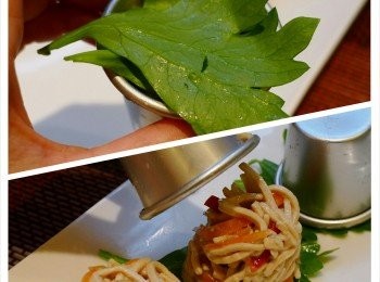 step7: 以1~2片芹菜葉覆蓋填滿涼拌干絲的杯子，倒扣擺盤即完成啦^^