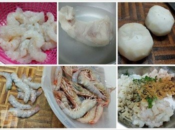 step1: 蝦去殼去頭去腸，用鹽抓洗直至乾淨雪白，抹乾，切粒