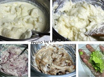 step4: 將蒸煮好的麵糊趁熱拌勻成糰
依比例分割出三種口味所需的麵糰量
各別加入《抹茶粉》《可可粉》《紫薯粉》
如此就可做出三種不同色的冰皮月餅來

粉末加入稍微拌勻後
各別將麵糰以保鮮膜密封待涼。