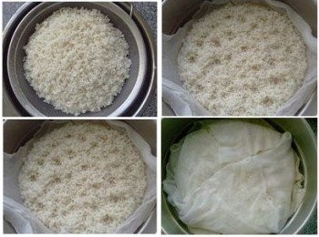 step2: 泡漲後的糯米瀝去水，放入墊了籠布的蒸籠，不用壓實，保持表面蓬鬆最好。
多餘的籠布蓋在表面。（不蓋也行）