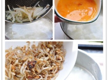 step4: 把洋蔥倒入煮好稀飯中(加入少許鹽巴)，再將全蛋液慢慢延著郭邊緣倒入，再以畫圓形方式攪拌，最後放入炒香的吻仔魚攪拌即可關火