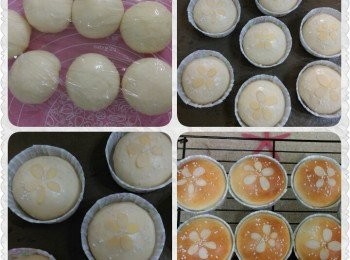 step2: 3.排氣整圓麵糰鬆弛10-15分,分割1個50-60g(隨意我一般都可整除為主來分),排氣滾圓,麵糰醒10-15分,包入芋泥餡40g(量也是隨意如包多記收口要捏緊)
4.烤箱放熱水一杯後發50分取出,烤箱預熱170度
5.表面塗牛奶,用杏仁片裝飾成花形並灑上珍珠糖,170度烤12-15分完成~