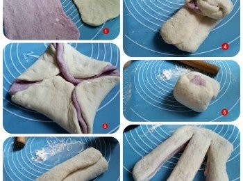 step5: 將兩份麵糰捍成正方形,分為兩份上下拍在一起、四角往內摺入, 然後捍成長方形
再從摺一次,末端不要切斷，編成一個辮子，放進吐司模內發酵第二次為10-15分鐘