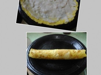 step2: 把墨魚絞肉平舖在蛋皮上後捲起。大火蒸八分鐘，切片。