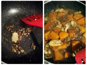 step4: (a) 熱鑊下油，下蒜蓉豆豉薑片炒香，加入南瓜及蠔油炒香，加入水，水滾後加入雞髀肉片，蓋上蓋，煮至南瓜淋身及收汁即可（如中途不夠水可以每次逐少加入水）。