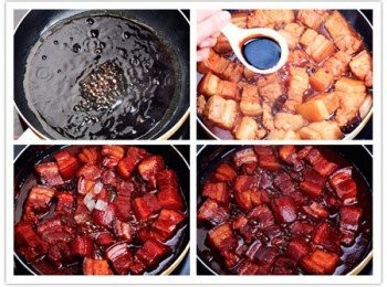 step3: 倒入剛才煸炒的肉，倒入老抽生抽調好的汁，一碗熱水，改小火慢燉；湯汁變得濃稠時加入鹽、少量的冰糖；改大火收汁，迅速翻炒使得每一塊紅燒肉身上都裹滿了濃汁。